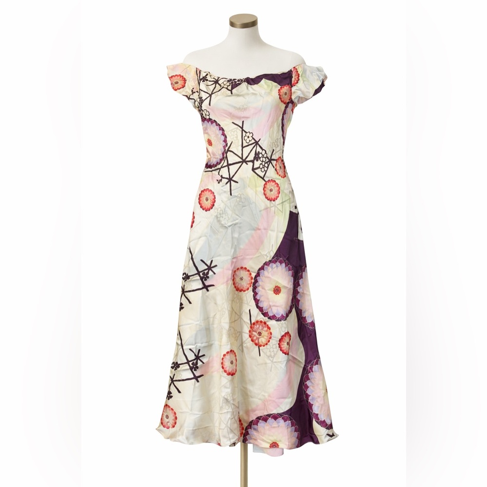 1990s vtg escada sport silk dress off shoulder bold flower print 40 purple white